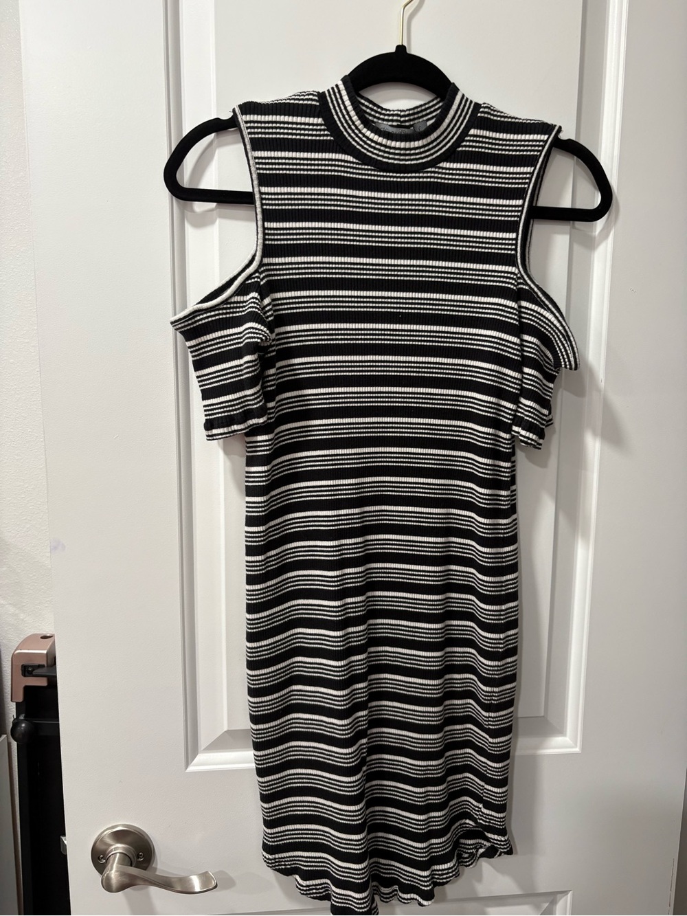 Derek Heart Black & White Striped Cold-Shoulder Midi Dress